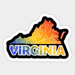 Colorful mandala art map of Virginia with text in blue, yellow, and red Sticker